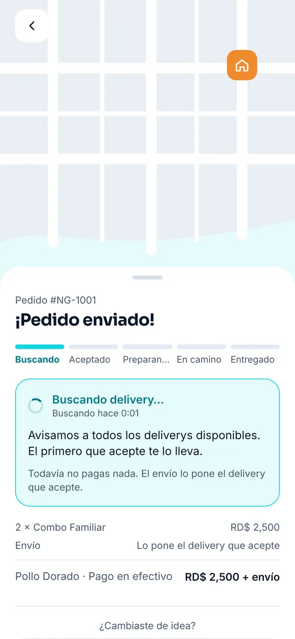Pedido buscando delivery en NovaGo