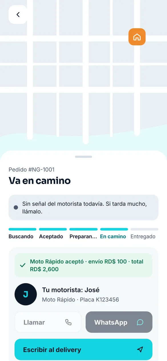 Pedido en camino con el mapa del delivery