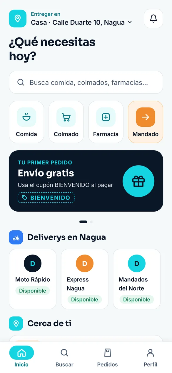 Pantalla de inicio de NovaGo con comercios de Nagua